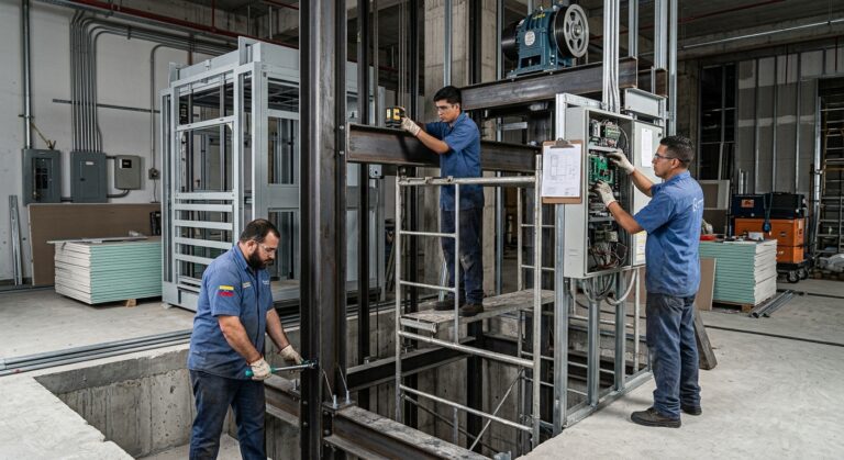Proceso de instalación de elevadores comerciales en México en un edificio de estacionamientos