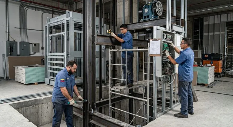 Proceso de instalación de elevadores comerciales en México en un edificio de estacionamientos